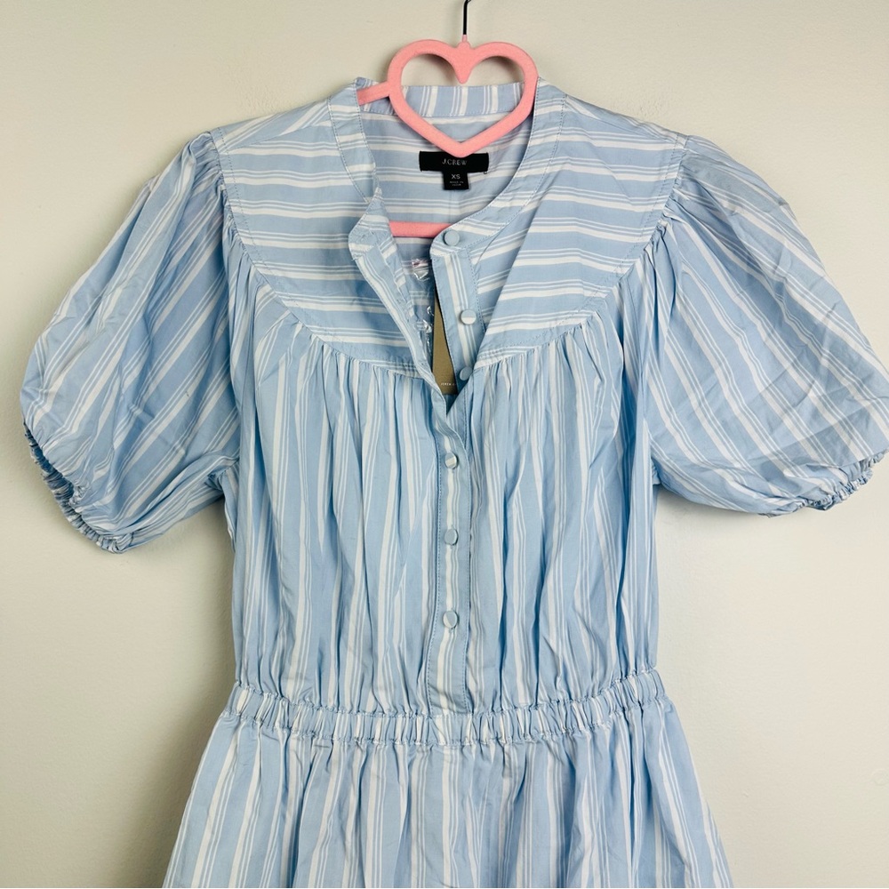 J. Crew NWT Blue and White Smocked Mini Dress with Mandarin Collar - Picture 3 of 11